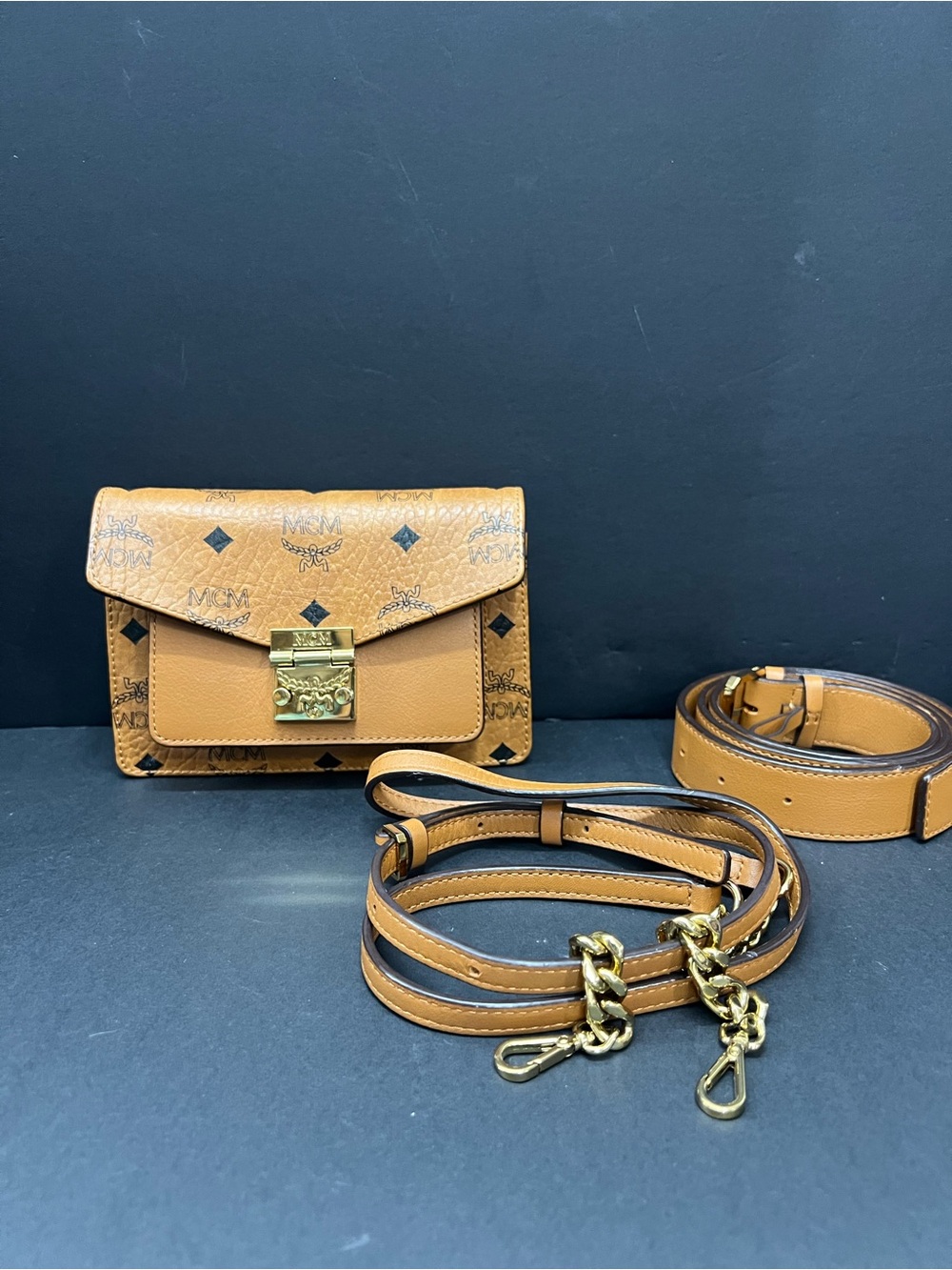 MCM Milli Cognac/Tan Monogram Leather Crossbody with Gold Hardware